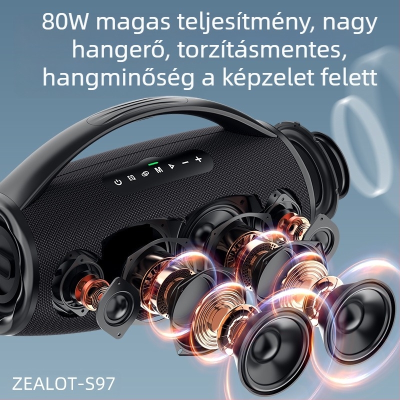 ZEALOT Fanatic S97 80W Bluetooth 5.2 hordozható kültéri hangszóró 4 hangszóróval, beépített 6000mAh akkumulátor, IPX6