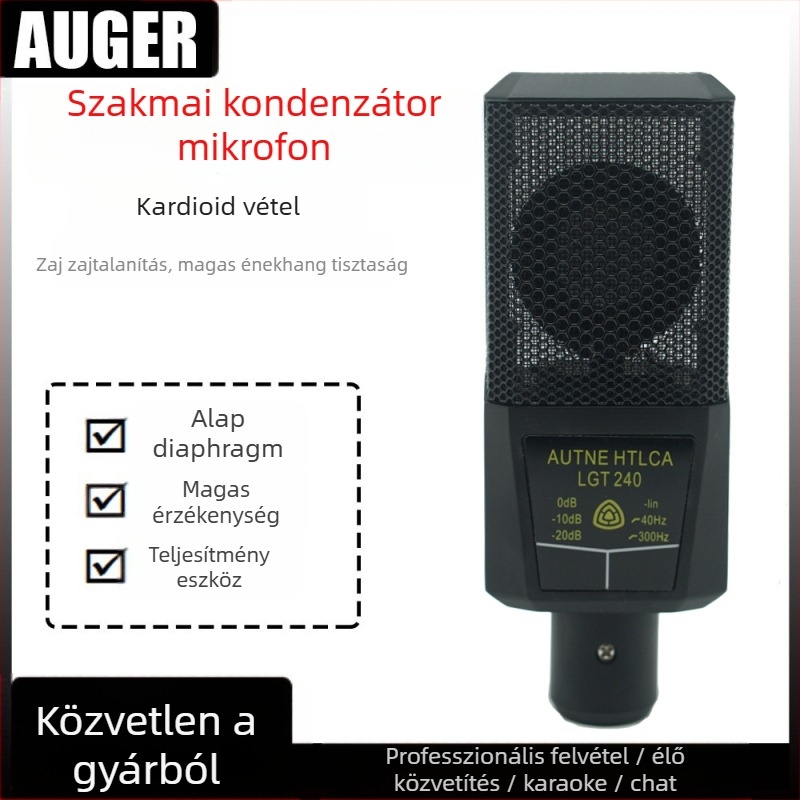 Vezetékes négyszögletes kondenzátor mikrofon modell 240 karaoke és élő énekléshez, frekvenciatartomány 100 Hz–20 kHz, SNR ≥ 70 dB