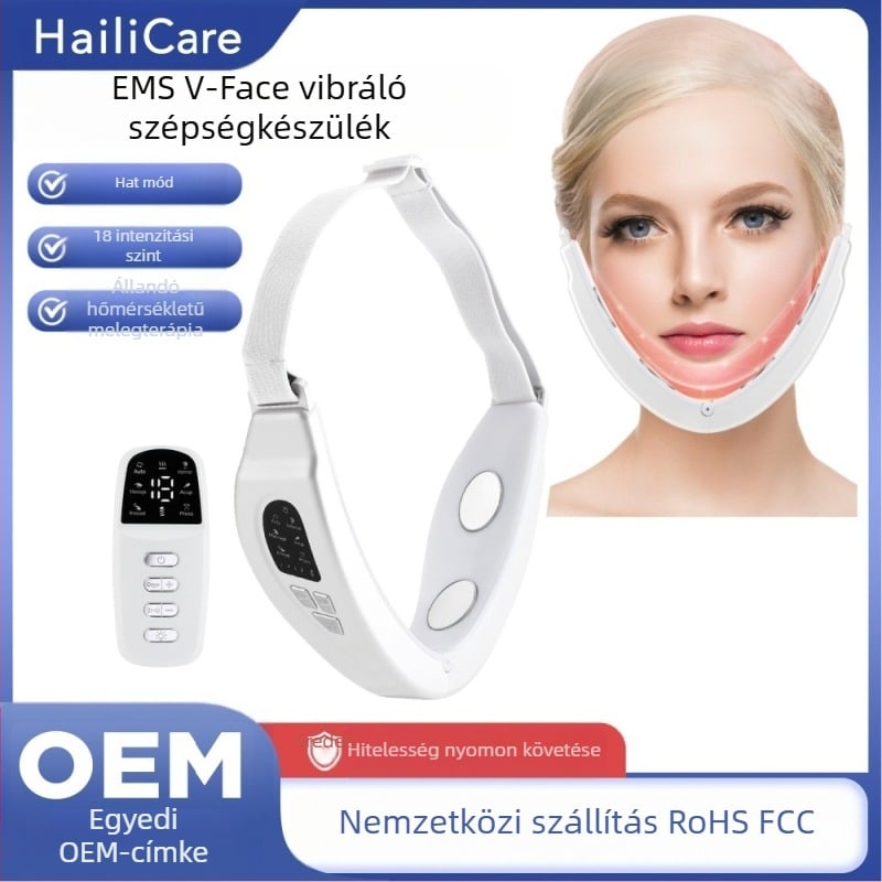 EMS mikroáramú arcfeszesítő masszírozó készülék távirányítóval a V‑formájú arc liftelésére és feszesítésére; funkciók: negatív ionok, infravörös fény és színes fény; beépített 300–500 mAh akkumulátor; IPX4 vízálló.