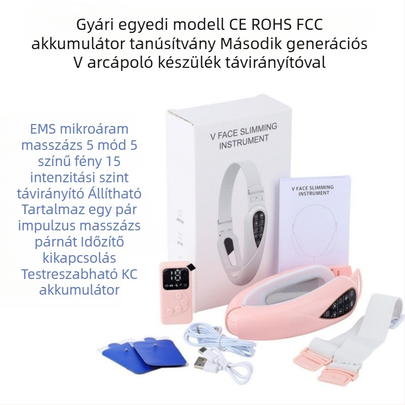 EMS mikroáramú arcfeszesítő masszírozó készülék távirányítóval a V‑formájú arc liftelésére és feszesítésére; funkciók: negatív ionok, infravörös fény és színes fény; beépített 300–500 mAh akkumulátor; IPX4 vízálló.