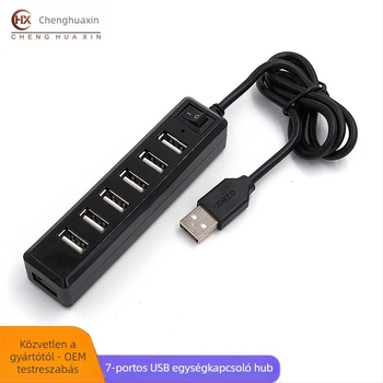 7-portos USB 2.0 hub főkapcsolóval, 60 cm-es kábel, USB-s tápegység nélküli, LED jelzőfények