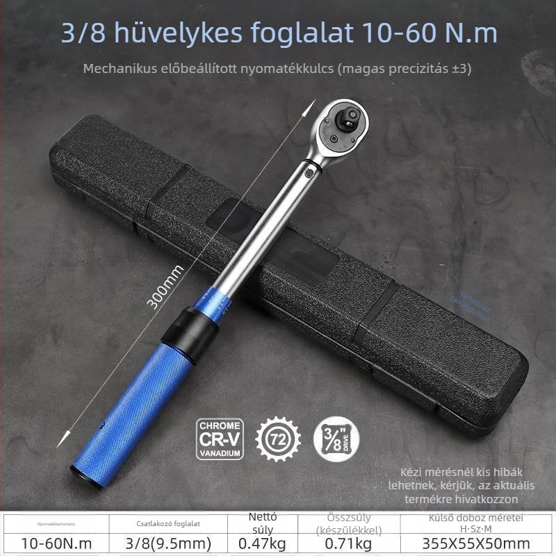 Állítható nyomatékkulcs könnyített markolattal, króm-vanádium acélból, ±3% pontosság, gyújtógyertya cseréhez autók és motorkerékpárok számára