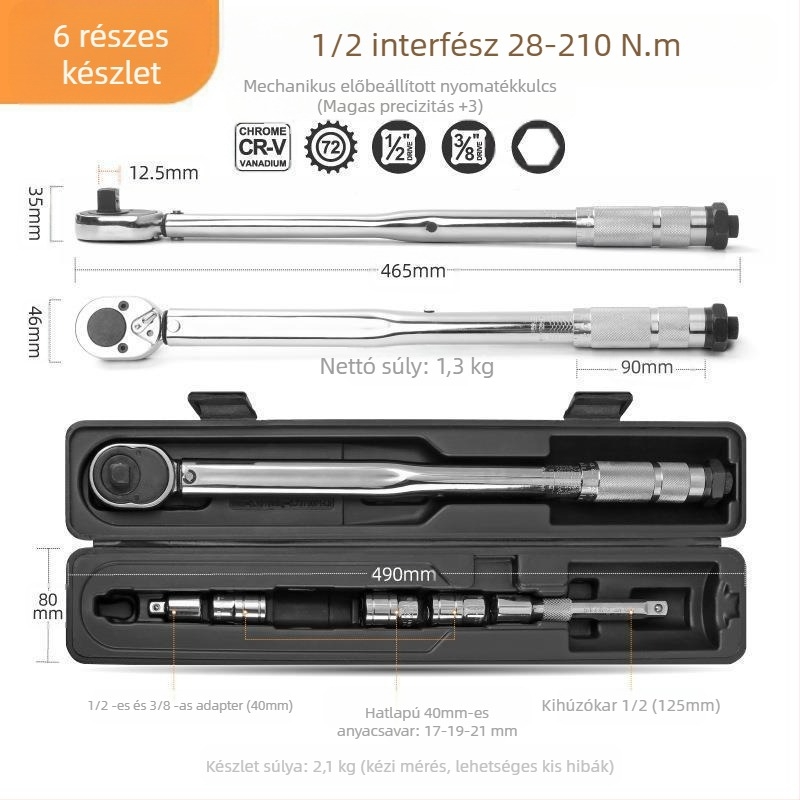 Állítható nyomatékkulcs könnyített markolattal, króm-vanádium acélból, ±3% pontosság, gyújtógyertya cseréhez autók és motorkerékpárok számára