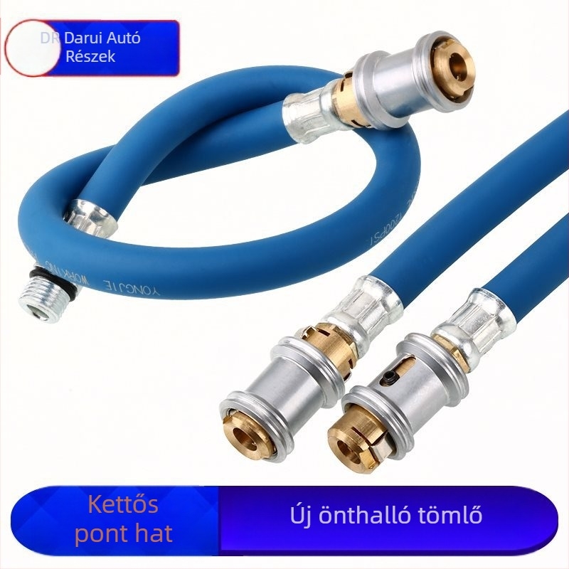 Autó gumi csatlakozó, önzáró levegőfej, töltőcső, guminyomásmérő és levegőhosszabbítócső