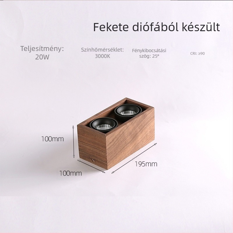 Diófából készült, négyszögletes LED felületre szerelt downlight, 220V, 4500K, CRI 80–89