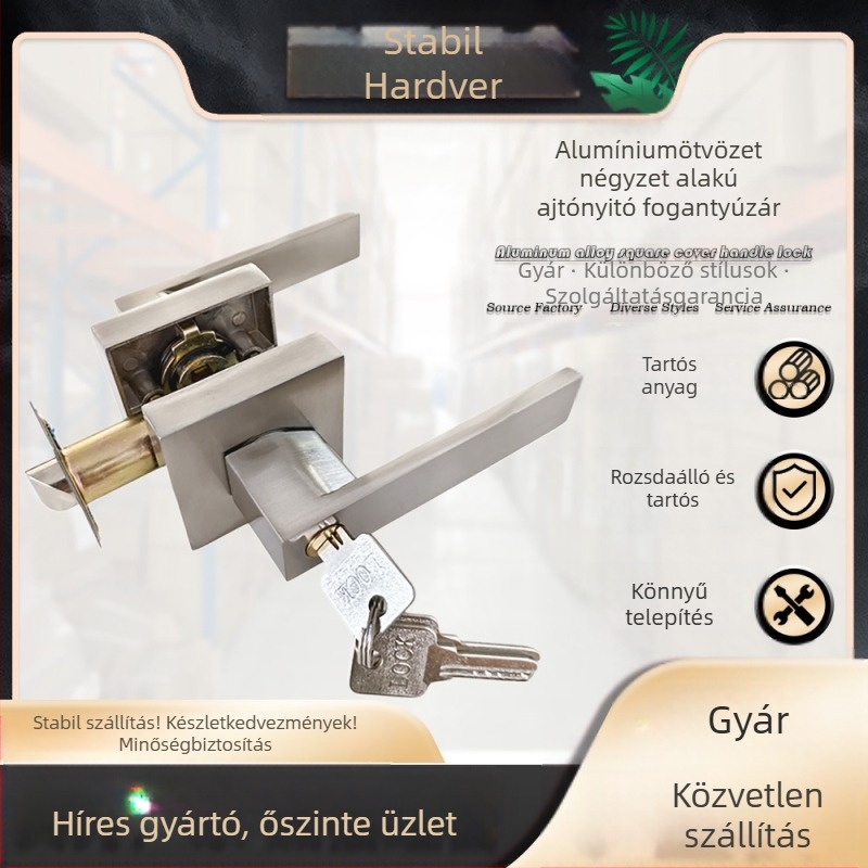 Alumínium ötvözet ajtózár kilinccsel – négyzet alakú burkolat, masszív kivitel, három pólusú zár, hálószoba és fürdőszoba ajtókhoz