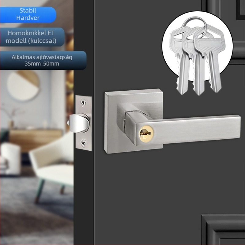 Alumínium ötvözet ajtózár kilinccsel – négyzet alakú burkolat, masszív kivitel, három pólusú zár, hálószoba és fürdőszoba ajtókhoz