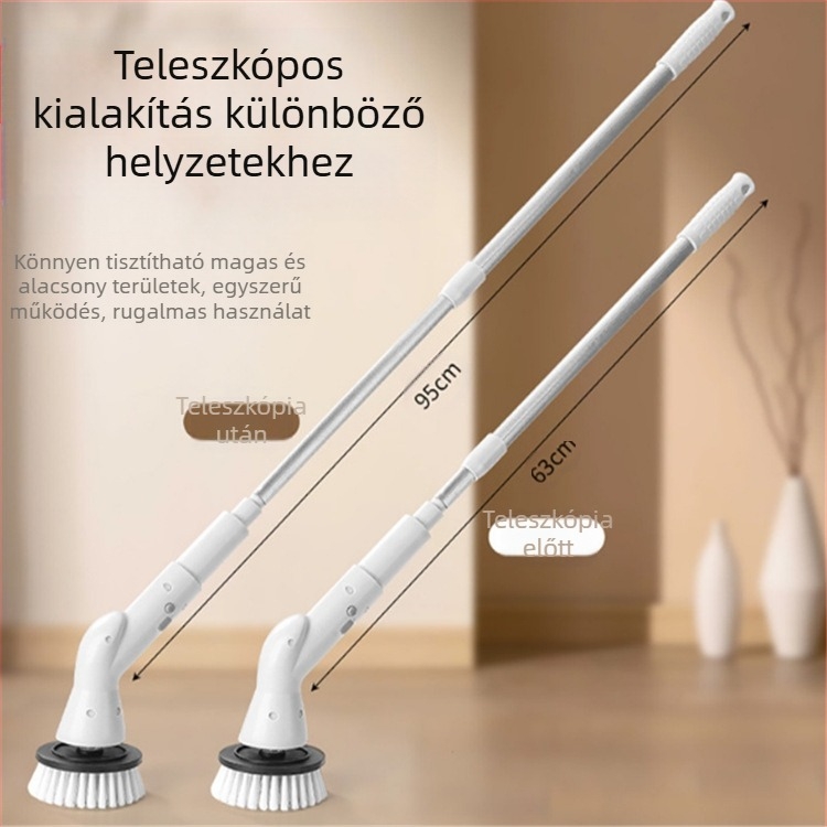 Hosszú, vezeték nélküli forgó tisztítóecset kihajtható nyéllel – ABS, többfunkciós háztartási kefe cipőhöz, pohárhoz, résekhez, mosáshoz és tisztító gömbfejekkel