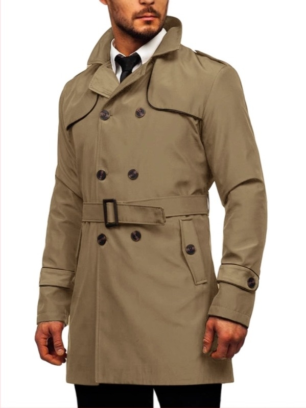 Brit-stílusú hosszú kabát, dupla gombolású reverrel, slim-fit övvel, külső anyag: 70% poliészter, bélés 30% poliészter