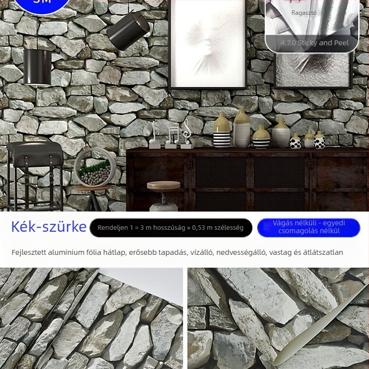 téglamintás öntapadós tapéta, 3D hatás, PVC anyag, formaldehid-mentes