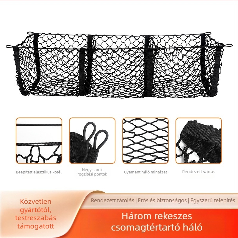 Háromrekeszes csomagtartó háló, függőleges rögzítés, testreszabható, logónyomtatás