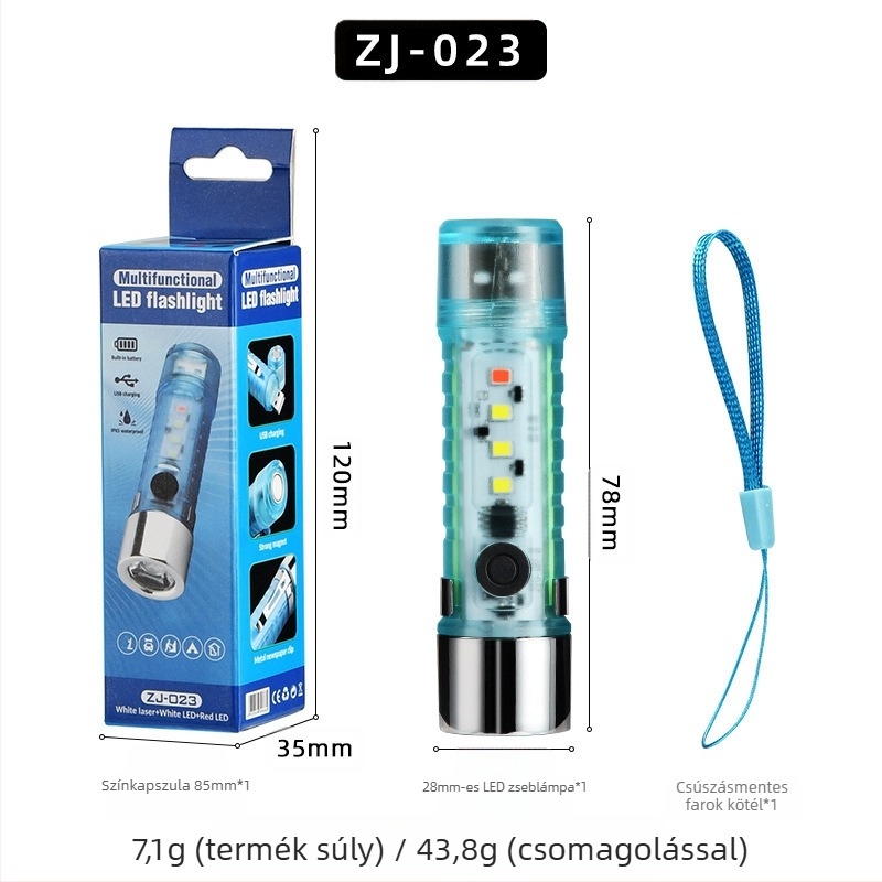 LED mini zseblámpa kulcstartóval, kültéri használathoz, vízálló, LED+COB, 10–15 m világosság, 3 órás üzemidő, 400 mAh akkumulátor