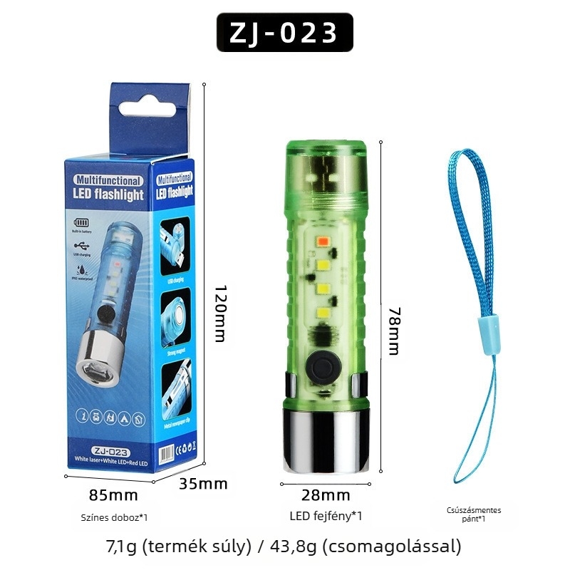 LED mini zseblámpa kulcstartóval, kültéri használathoz, vízálló, LED+COB, 10–15 m világosság, 3 órás üzemidő, 400 mAh akkumulátor