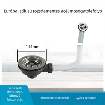 Európai stílusú mosogatólefolyó túlfolyóval, 304 rozsdamentes acél, modell 110/114, tömeg 240 g