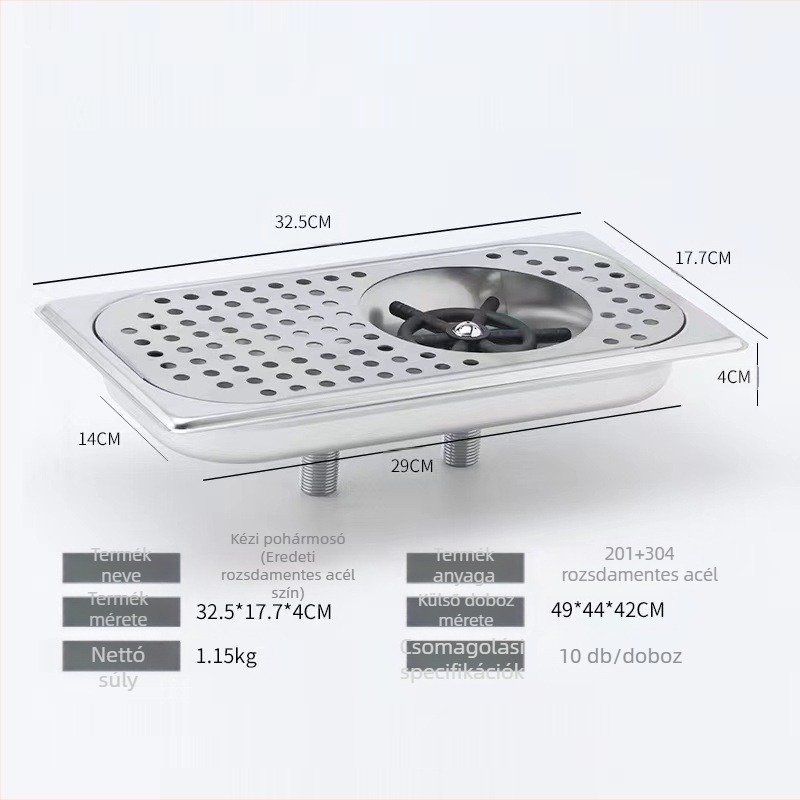 Rozsdamentes acélból készült automata pohármosó – beépítve a bárpultra, nagy nyomású vízsugár, mosogató szűrővel és szűrőhálóval