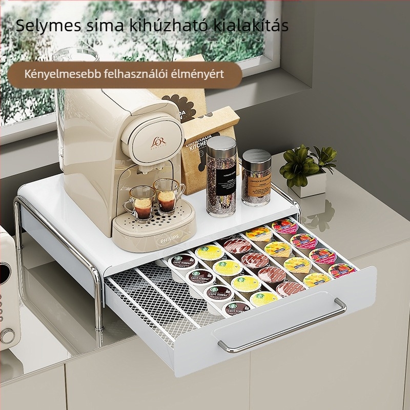 Kávékapszula kiállító polc kávéfőzőhöz és teafiltertartóval – szénacélnak, modern minimalist stílus, Nabo márka, alkalmas bár, kávézó, étterem
