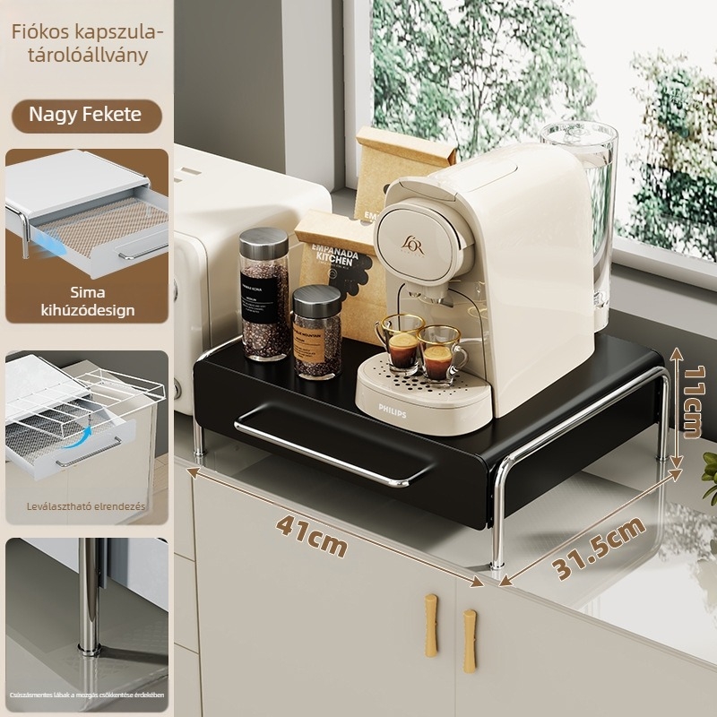 Kávékapszula kiállító polc kávéfőzőhöz és teafiltertartóval – szénacélnak, modern minimalist stílus, Nabo márka, alkalmas bár, kávézó, étterem