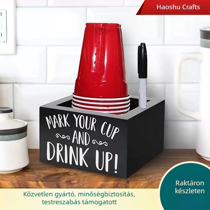 Fa pohártartó és asztali tároló - papír pohár adagoló, 1 L kapacitás, fa konstrukció, modern minimalista stílus, logó nyomtatás