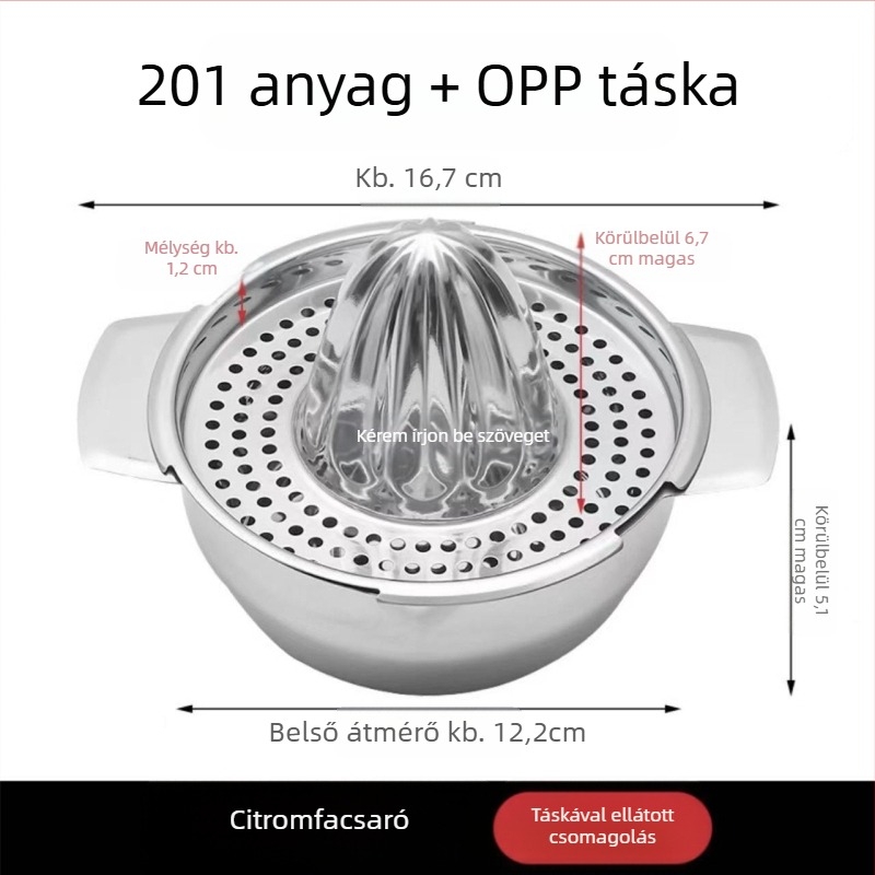 Kézi gyümölcsprés rozsdamentes acélból, többfunkciós, logóval ellátva, Refining márka