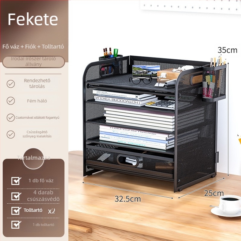 5-szintű asztali fájl tartó szénacélból fiókkal – irodai iratrendező