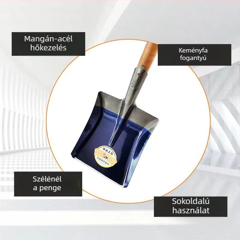 Négyszögletes ásó fej, magas széntartalmú acél penge, fa nyél, ásófej tömege 1,9 kg, mezőgazdasági felhasználásra