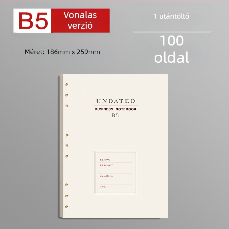 B5-ös cserélhető laza levélmag vastag vonalas oldalakkal, 100 oldal, kompatibilis 6/9 lyukakkal, belső oldalak Forest papírból