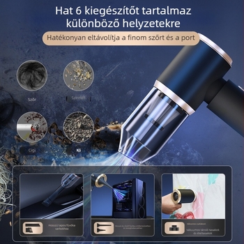 Kézben tartható, vezeték nélküli autóporzsívó – dupla szívás és fúvás funkcióval, 120W, ≤36V, beépített 3000–4000 mAh akkumulátor, zaj 46–70 dB