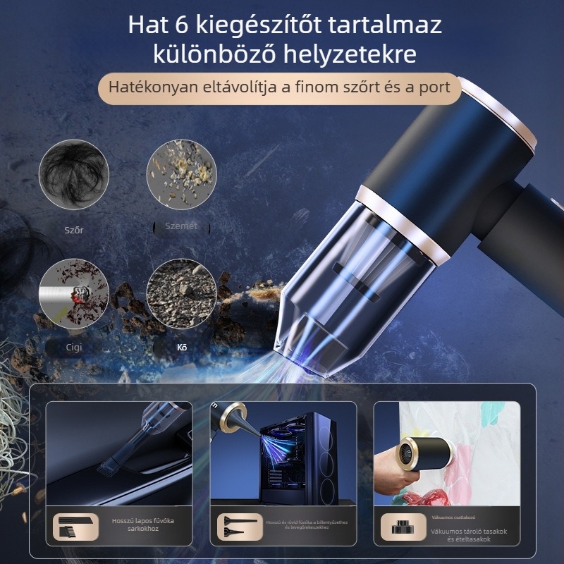 Kézben tartható, vezeték nélküli autóporzsívó – dupla szívás és fúvás funkcióval, 120W, ≤36V, beépített 3000–4000 mAh akkumulátor, zaj 46–70 dB