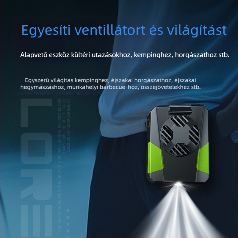 Csípőre szerelhető sport ventilátor, USB tápegység, 3 sebesség, zaj 36–45 dB, 5V 3W, beépített akkumulátor 2000–4000 mAh