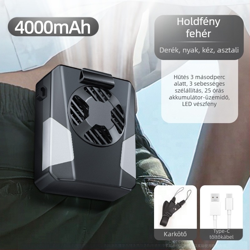 Csípőre szerelhető sport ventilátor, USB tápegység, 3 sebesség, zaj 36–45 dB, 5V 3W, beépített akkumulátor 2000–4000 mAh