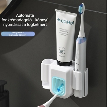 Falihoz szerelt multifunkcionális készlet automatikus fogkrémnyomóval és fogkefetartóval, fúrás nélkül