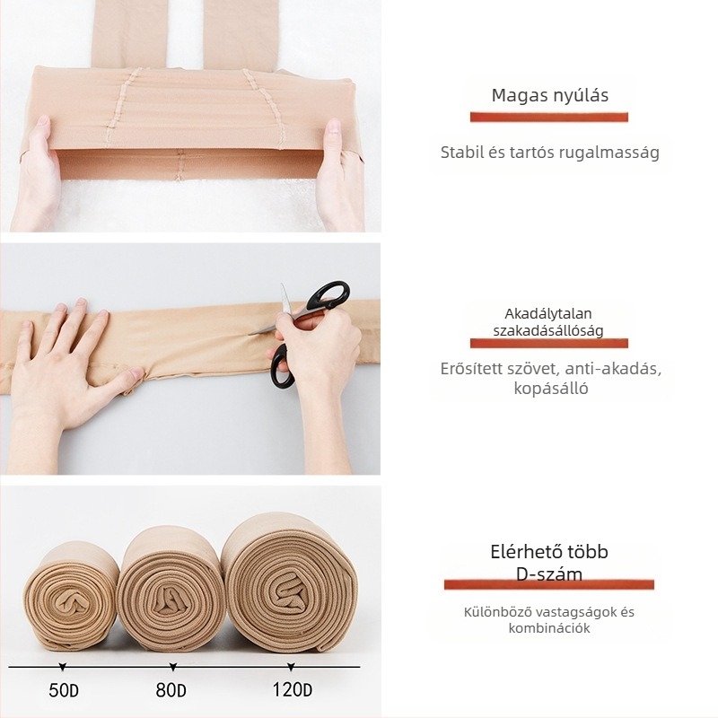 Női bársony harisnya nylonból, 90–95% nylon, közepes vastagságú, láthatatlan és szakadásálló, teljes hosszúságú