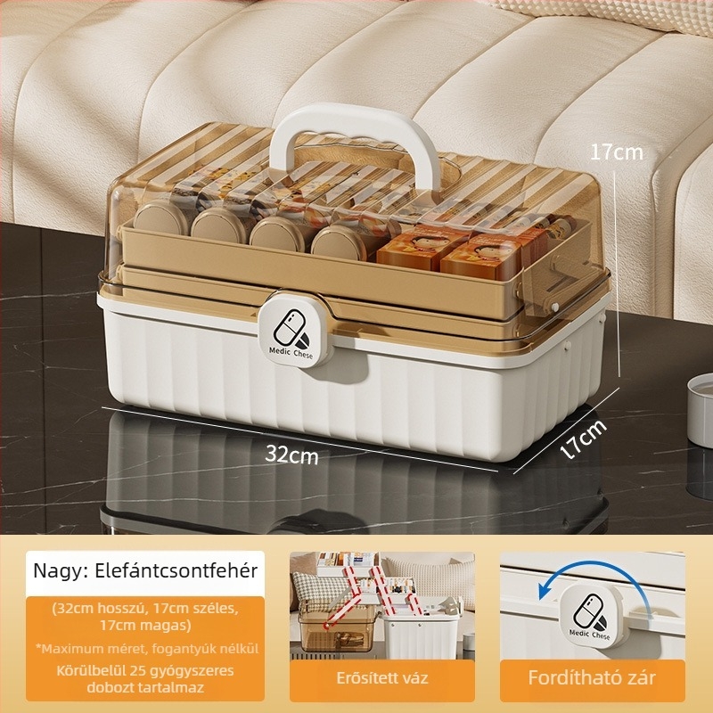 Gyógyszeres szekrény, 12 rekesz, műanyag, hordozható, logóval testreszabható