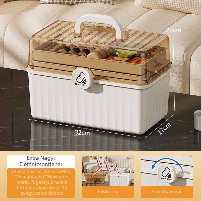 Gyógyszeres szekrény, 12 rekesz, műanyag, hordozható, logóval testreszabható