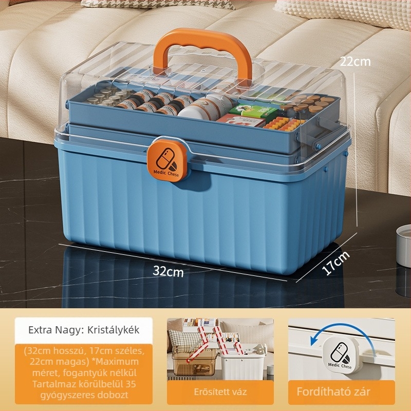 Gyógyszeres szekrény, 12 rekesz, műanyag, hordozható, logóval testreszabható