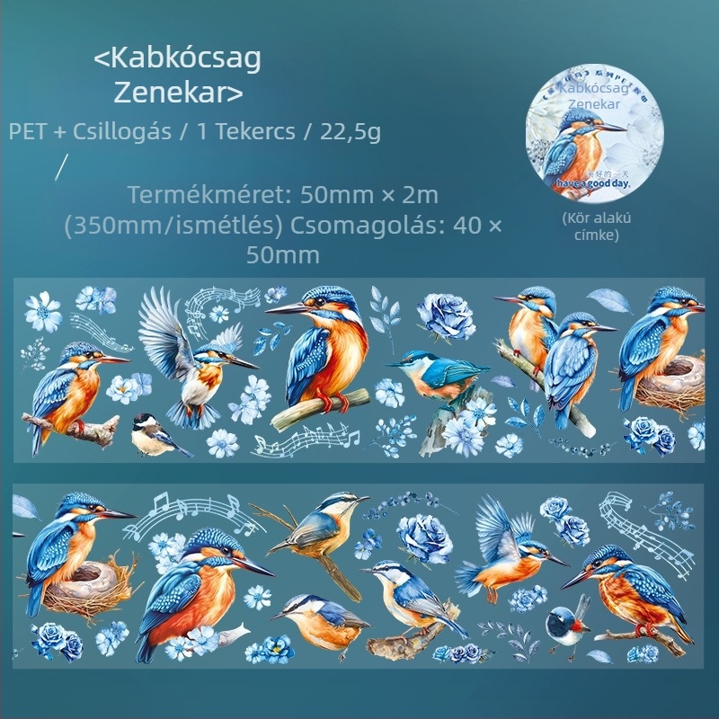 Dekoratív PET szalag naplóhoz, csillagos virágok és madarak motívum, táj dizájn, nyomtatott