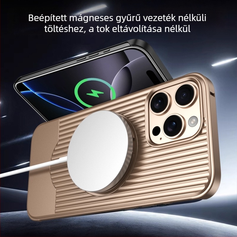 Telefon tok teleszkópos fém tartóval iPhone 16 Pro Max számára - ütésálló, mágneses, hőelvezetés, ujjlenyomat-mentes