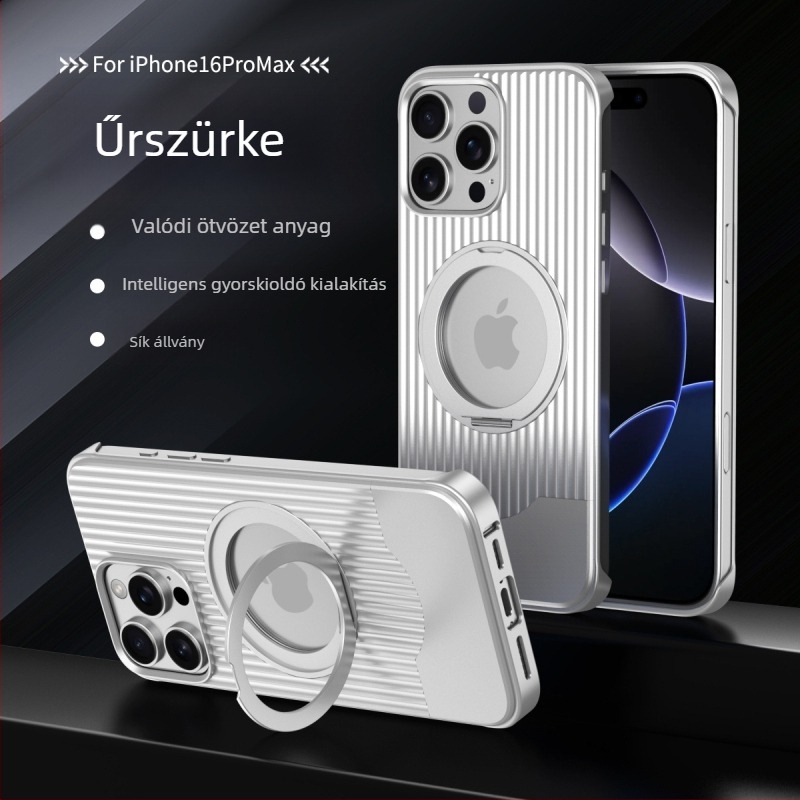 Telefon tok teleszkópos fém tartóval iPhone 16 Pro Max számára - ütésálló, mágneses, hőelvezetés, ujjlenyomat-mentes