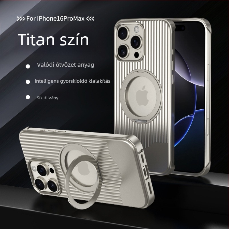 Telefon tok teleszkópos fém tartóval iPhone 16 Pro Max számára - ütésálló, mágneses, hőelvezetés, ujjlenyomat-mentes