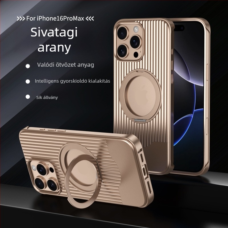 Telefon tok teleszkópos fém tartóval iPhone 16 Pro Max számára - ütésálló, mágneses, hőelvezetés, ujjlenyomat-mentes