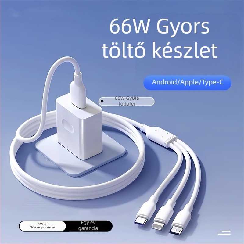 Három az egyben gyorstöltő kábel USB Type-C, Lightning és Mini USB csatlakozásokkal, 60W, alumínium ötvözet burkolat