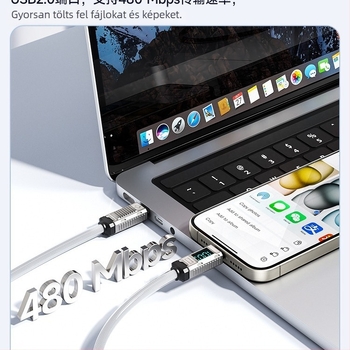Toocki USB-C–USB-C kábel, 100W, cinkötvözet, digitális kijelző
