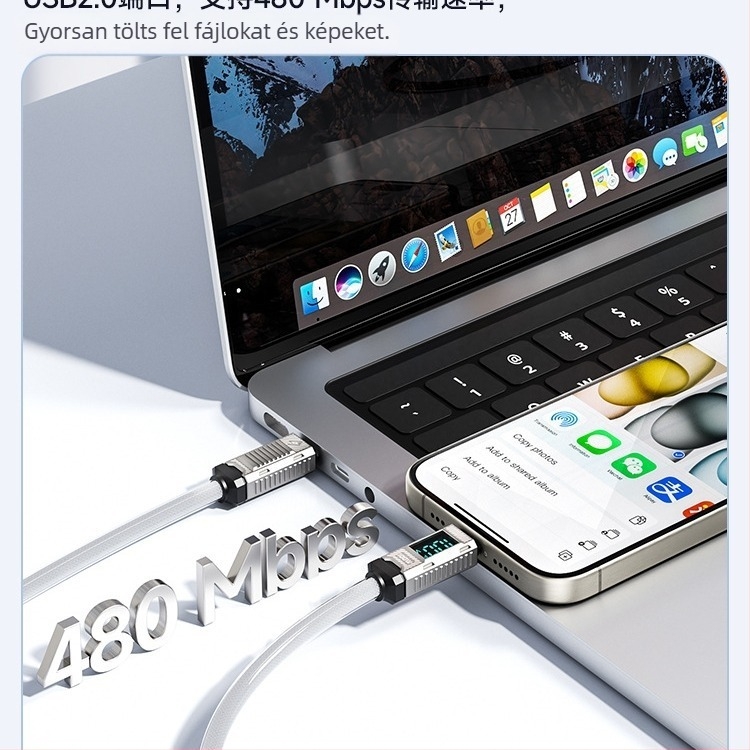 Toocki USB-C–USB-C kábel, 100W, cinkötvözet, digitális kijelző