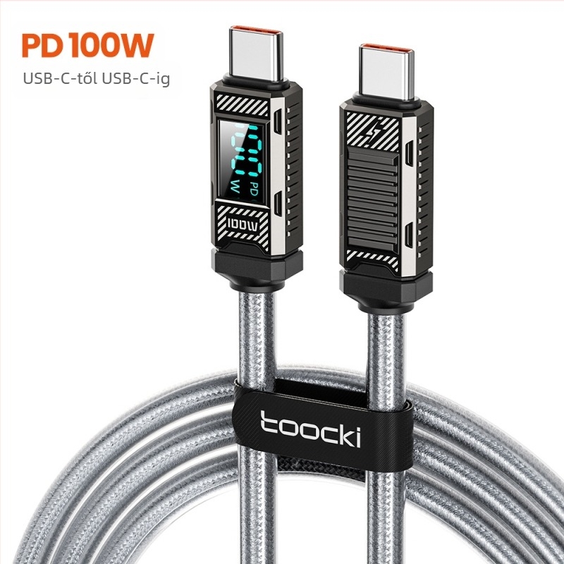 Toocki USB-C–USB-C kábel, 100W, cinkötvözet, digitális kijelző