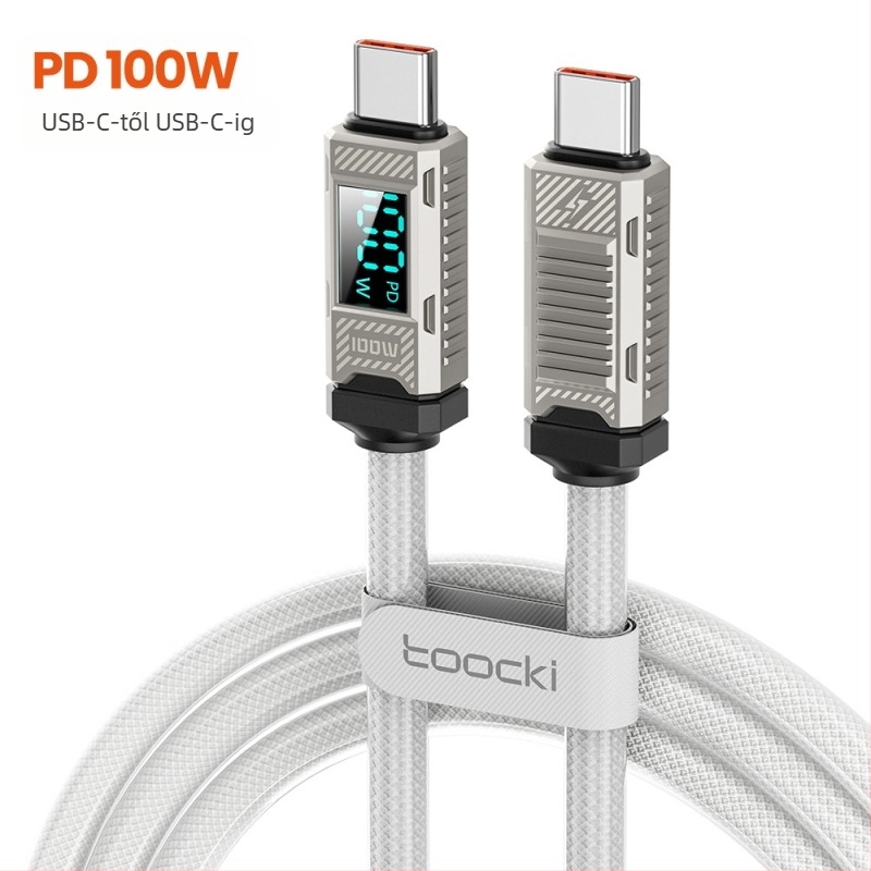 Toocki USB-C–USB-C kábel, 100W, cinkötvözet, digitális kijelző