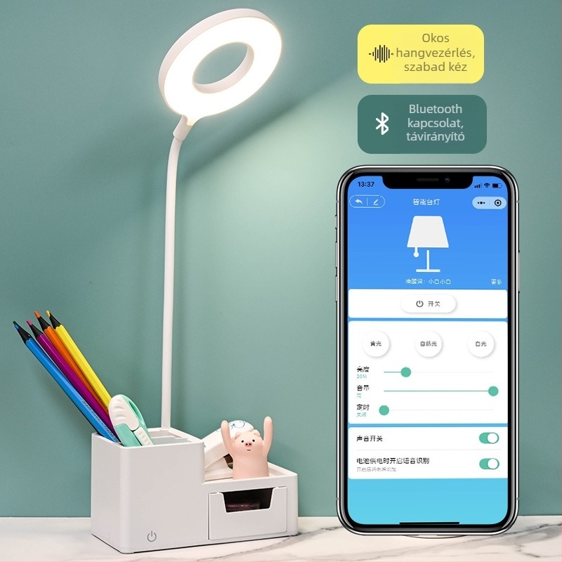 LED asztali lámpa diákszállóra hangvezérléssel, USB töltéssel, összecsukható kialakítás tárolófiókkal, beépített akkumulátor, CRI ≥95
