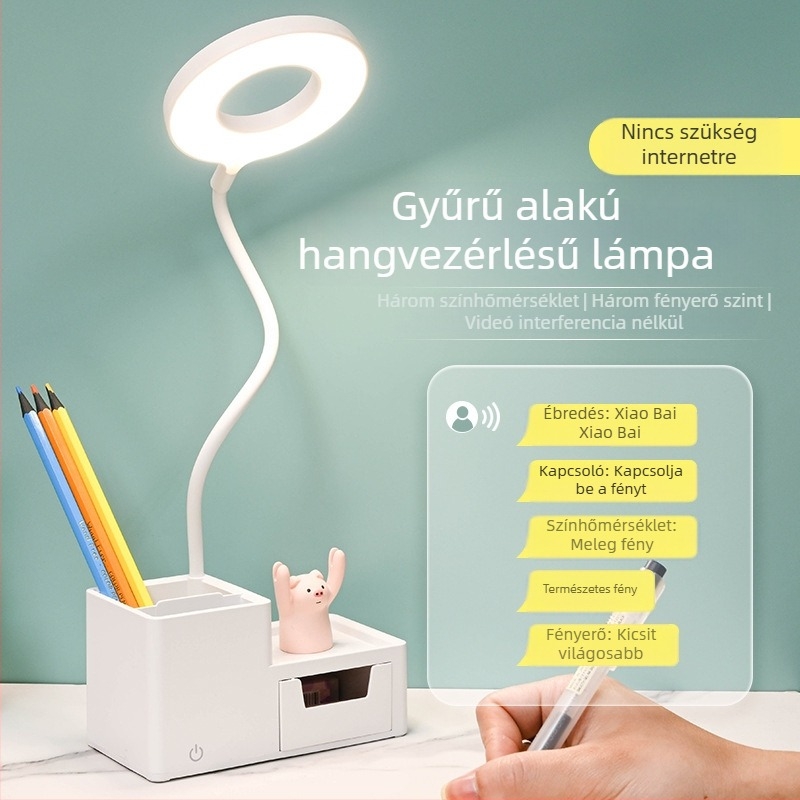 LED asztali lámpa diákszállóra hangvezérléssel, USB töltéssel, összecsukható kialakítás tárolófiókkal, beépített akkumulátor, CRI ≥95