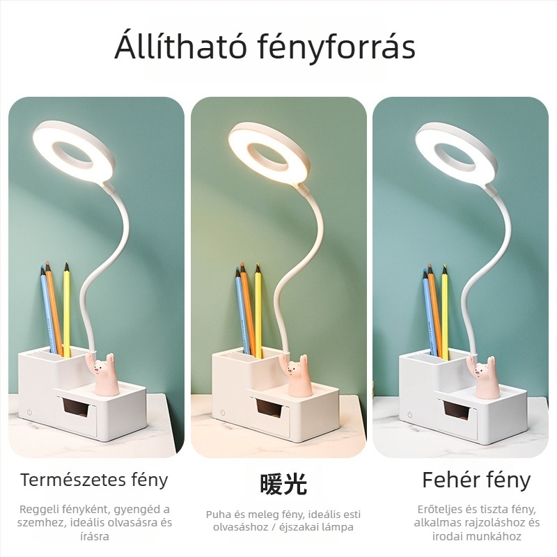 LED asztali lámpa diákszállóra hangvezérléssel, USB töltéssel, összecsukható kialakítás tárolófiókkal, beépített akkumulátor, CRI ≥95