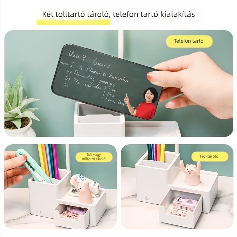 LED asztali lámpa diákszállóra hangvezérléssel, USB töltéssel, összecsukható kialakítás tárolófiókkal, beépített akkumulátor, CRI ≥95