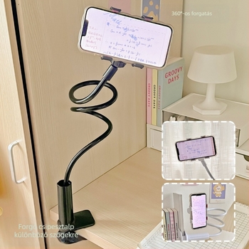 Asztal szélére rögzíthető telefon/tablet tartó, állítható, univerzális, műanyag